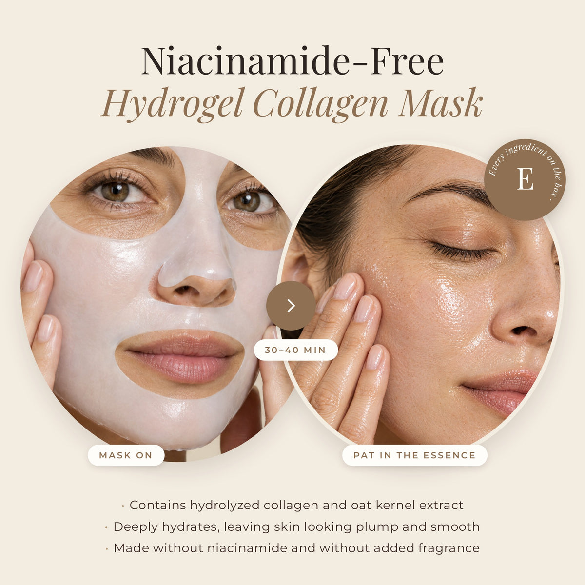 Niacinamide-free hydrogel collagen mask: mask on, then pat in the essence after 30–40 minutes