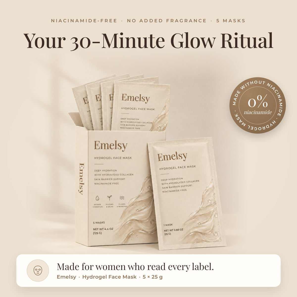 Emelsy box with five hydrogel mask sachets – your 30-minute glow ritual