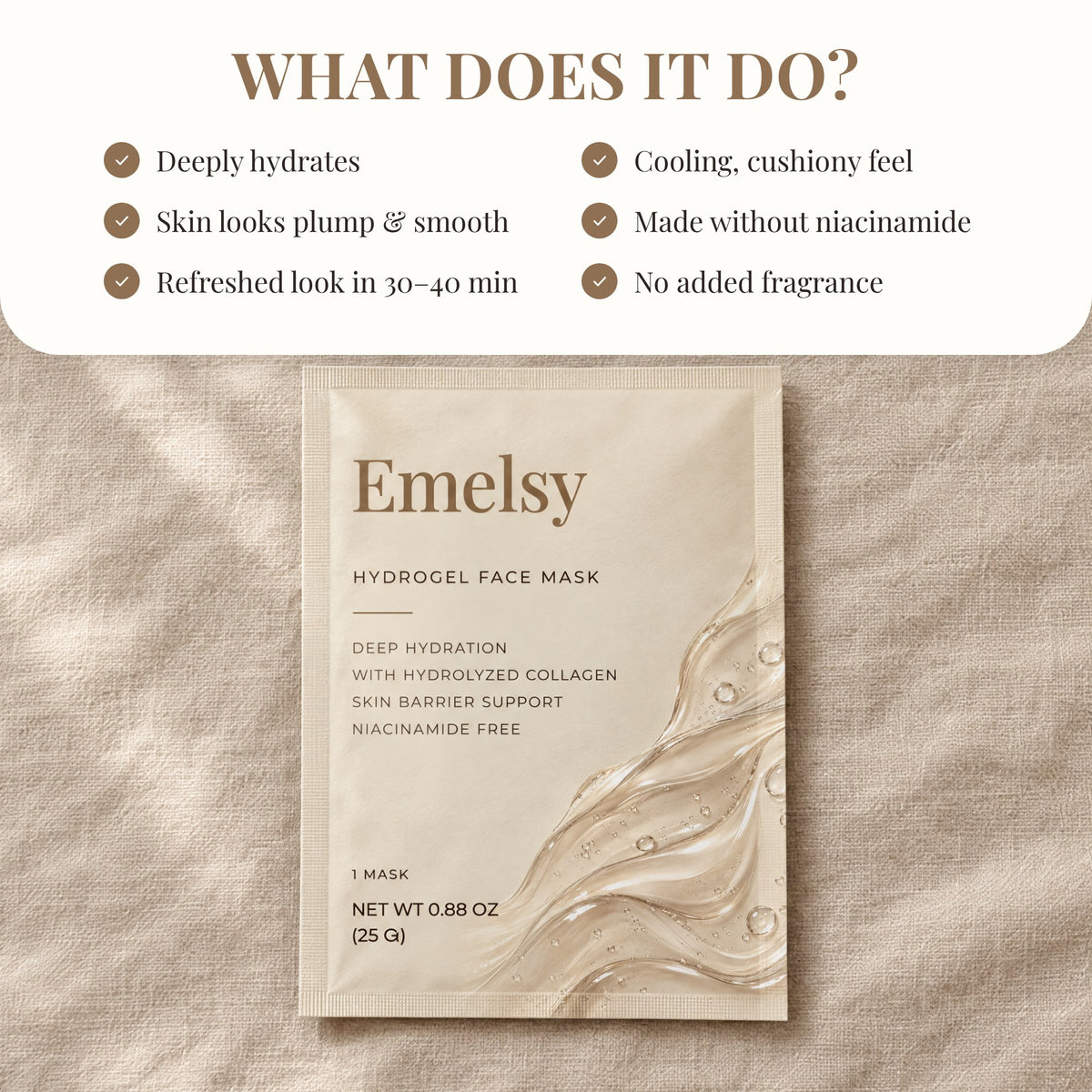 What the Emelsy hydrogel mask does, shown with a single sachet on linen