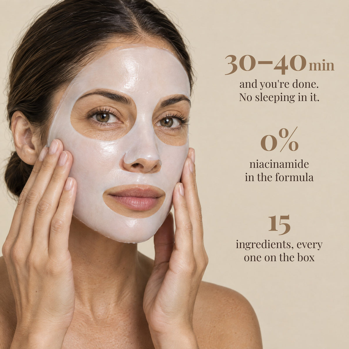Woman wearing the Emelsy hydrogel mask: 30–40 minutes, 0% niacinamide, 15 ingredients