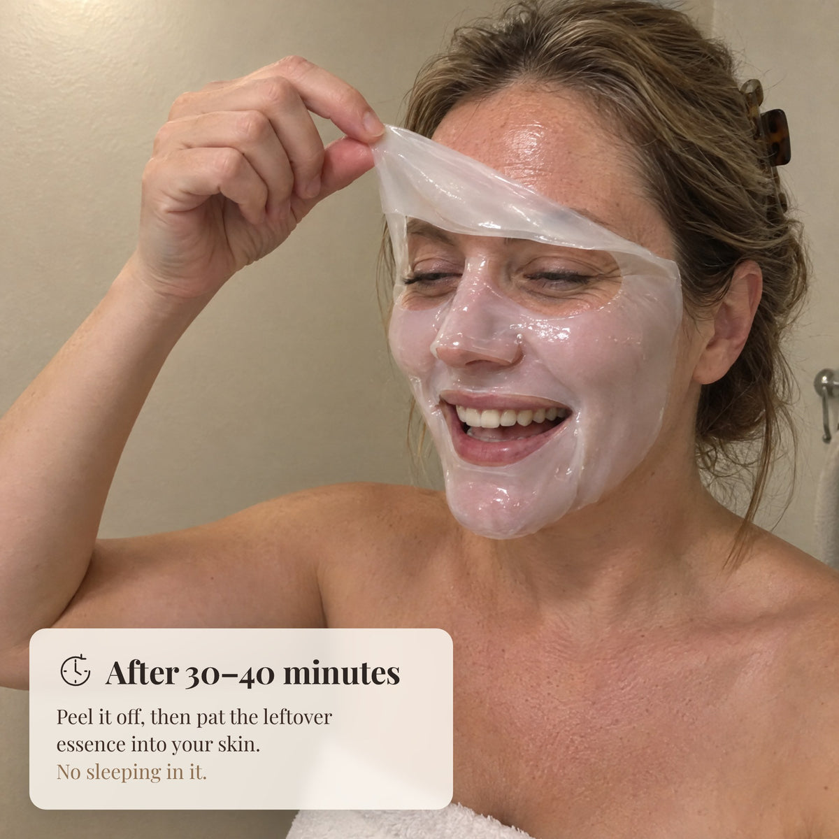 Woman peeling off the hydrogel mask after 30–40 minutes