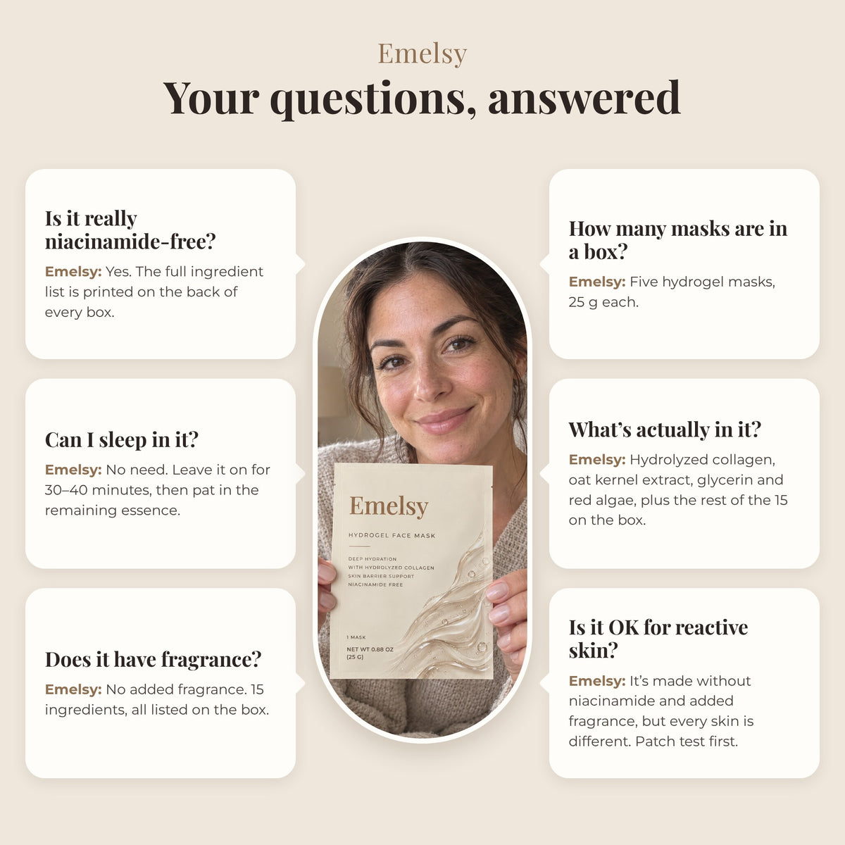 Emelsy FAQ: niacinamide-free, fragrance, sleeping, masks per box, reactive skin