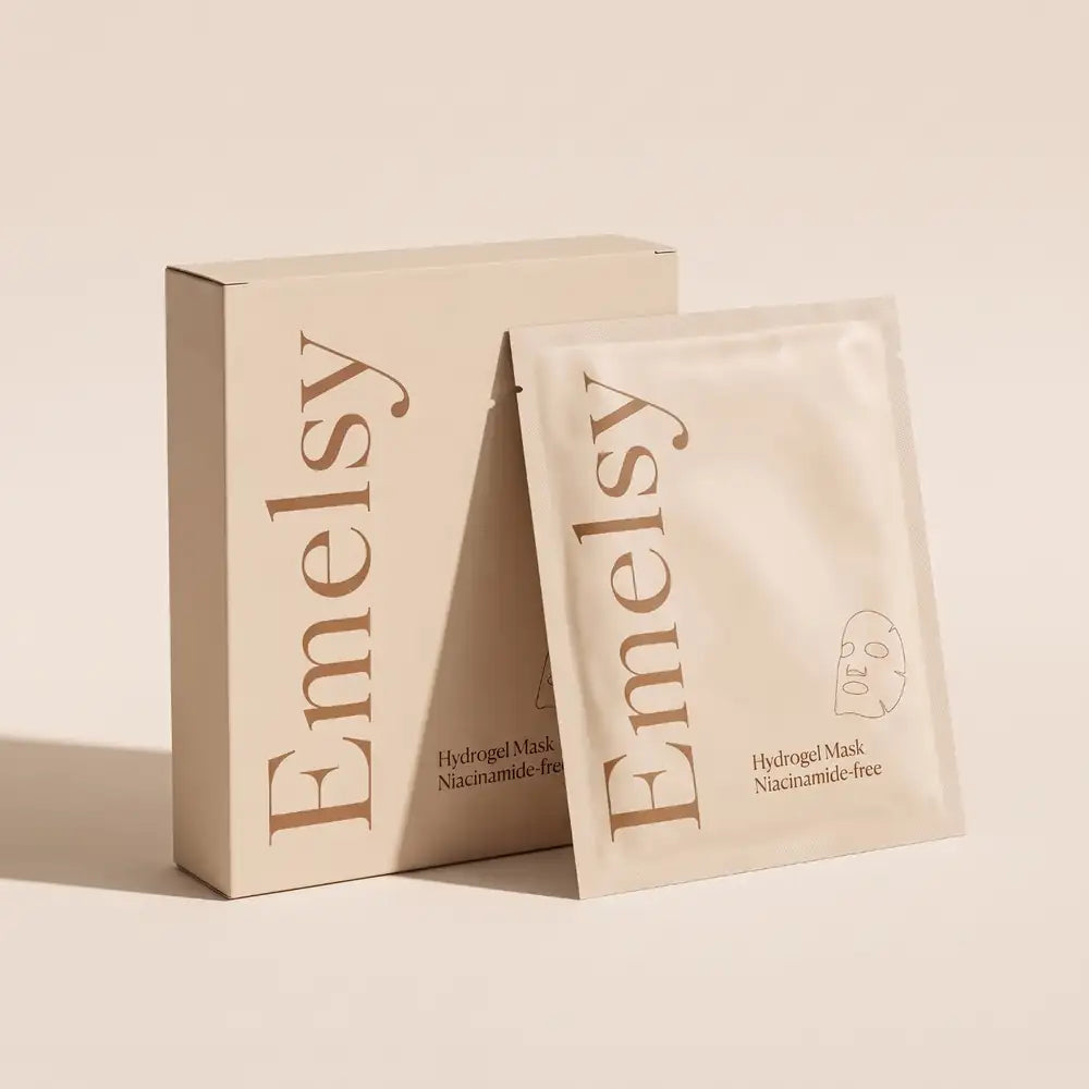 Emelsy Hydrogel Mask packaging concept: a beige box and sachet with the Emelsy wordmark