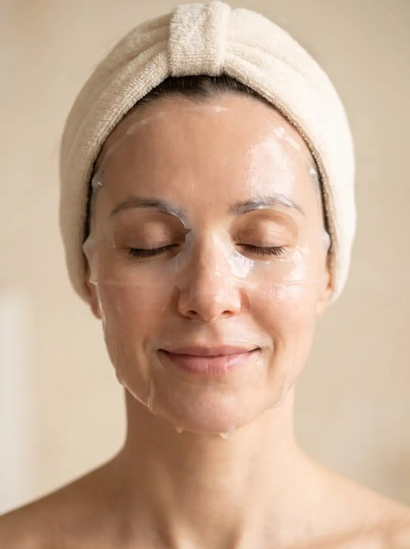 A woman relaxing with eyes closed while wearing a clear hydrogel mask